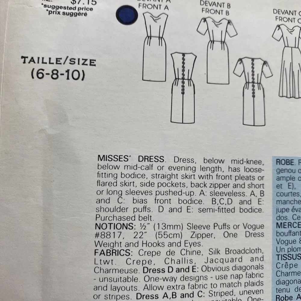 Vintage Vogue Sewing Pattern 1335 Basic Design Dress in 3 lengths Size 6-8-10
